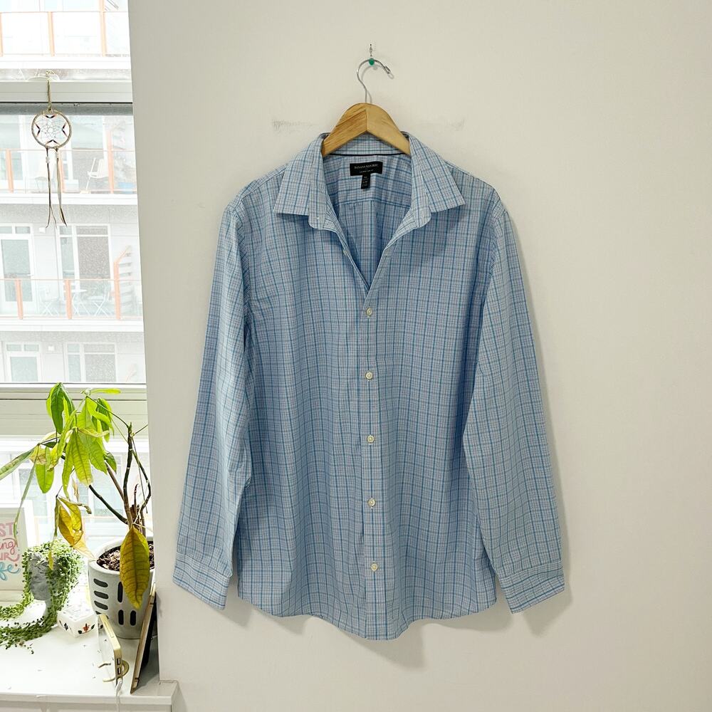Banana Republic Men's Blue Plaid Non Iron Slim Fit Button Up Top Size XL